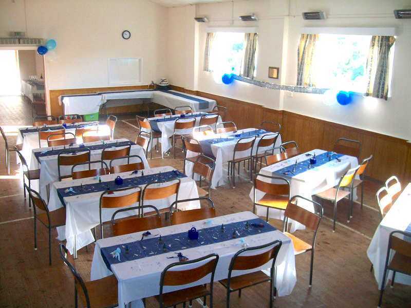 The main hall set for a wedding reception